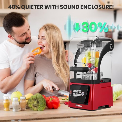 Huanyu Commercial Blender - 2L 68OZ 2200W Quiet Professional Blender with Sound Enclosure | Red