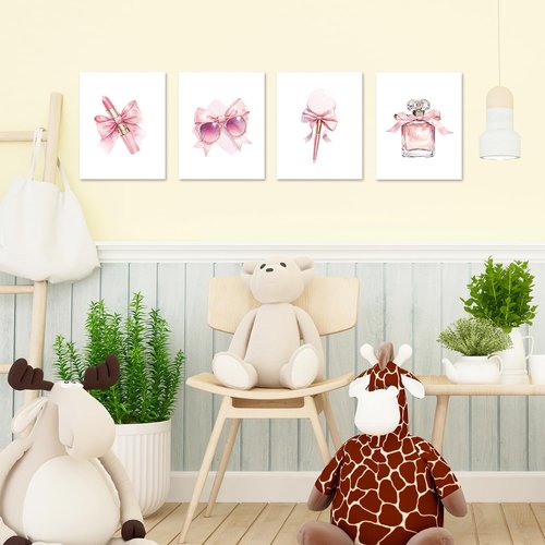 JINYO Coquette Pink Bow Wall Art Prints - Set of 4 Preppy Girly Decor for Girls' Room | 8x10 Unframed