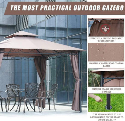 FDW 10'x13' Outdoor Patio Gazebo - Heavy Duty Steel Frame Canopy with Double Roof & Privacy Curtains | Brown
