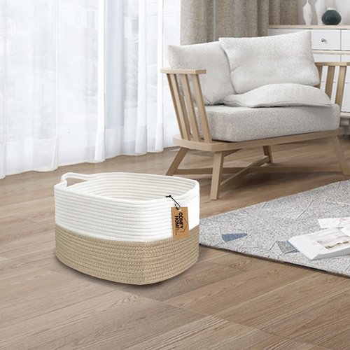 Comfy-Homi Cotton Rope Woven Storage Basket - Stylish Toy Organizer with Handles | 13.5"x11"x9.5" - Light Brown