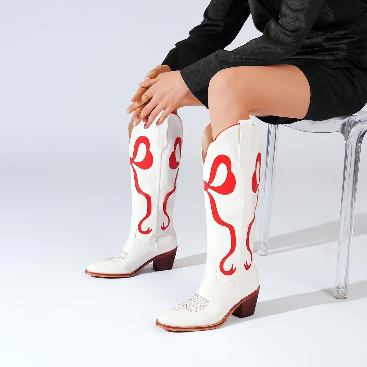 Skiennix Women's White Cowgirl Boots - Knee High, Almond Round Toe, Chunky Heel, Embroidered Design