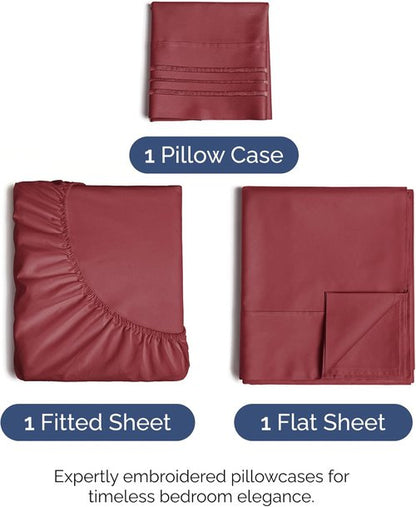 Comfy Twin Size 3 Piece Sheet Set by [Brand Name] - Breathable Cooling Bed Sheets - Ultra-Soft, Deep Pockets, Wrinkle-Free - Oeko-Tex Certified - Burgundy