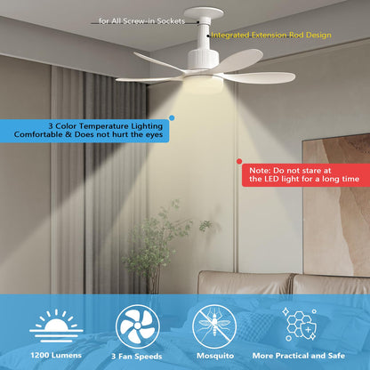 Socket Fan Light, 22" Ceiling Fan with LED Lights and Remote, 3 Fan Speeds, Adjustable Cool & Warm Light, Wireless Screw in Socket Fan Light for Kitchen, Bedroom, Living Room, 1200 Lumen, E26/E27 Base
