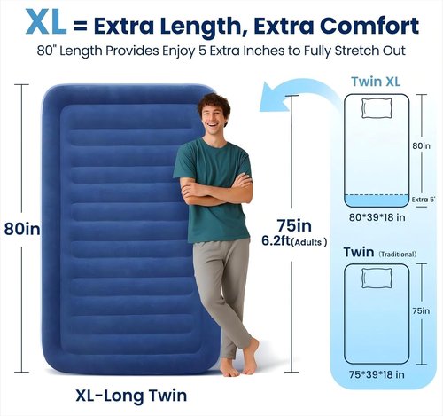 KINGJERRY Twin XL Air Mattress - Built-In Pump, 18" Raised Comfort, Dual-Layer Leakproof, 80" Length, Supports 500 lbs