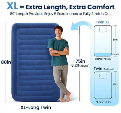 KINGJERRY Twin XL Air Mattress - Built-In Pump, 18" Raised Comfort, Dual-Layer Leakproof, 80" Length, Supports 500 lbs