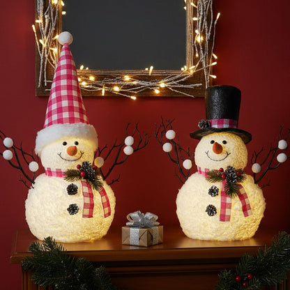 Skiennix Lighted Plush Snowmen Figurines - 14" Christmas Table Decorations | Battery Operated Holiday Ornaments