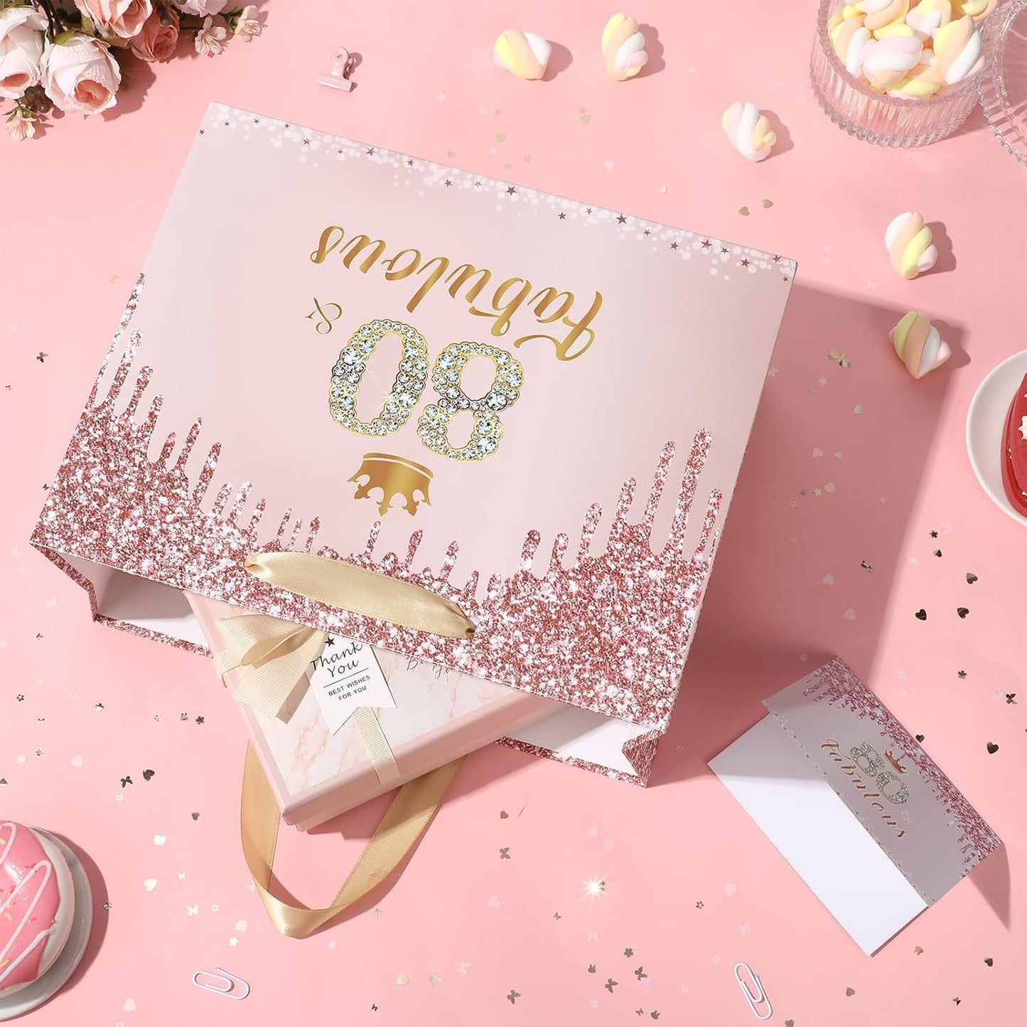 Yoirrat Rose Gold 80th Birthday Gift Bag - Large Pink Design with Wrapping Paper & Card for Women