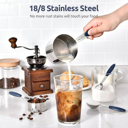 U-Taste Measuring Cups and Spoons - Food Grade 18/8 Stainless Steel Set of 10 with Upgraded Handle (Midnight Blue)