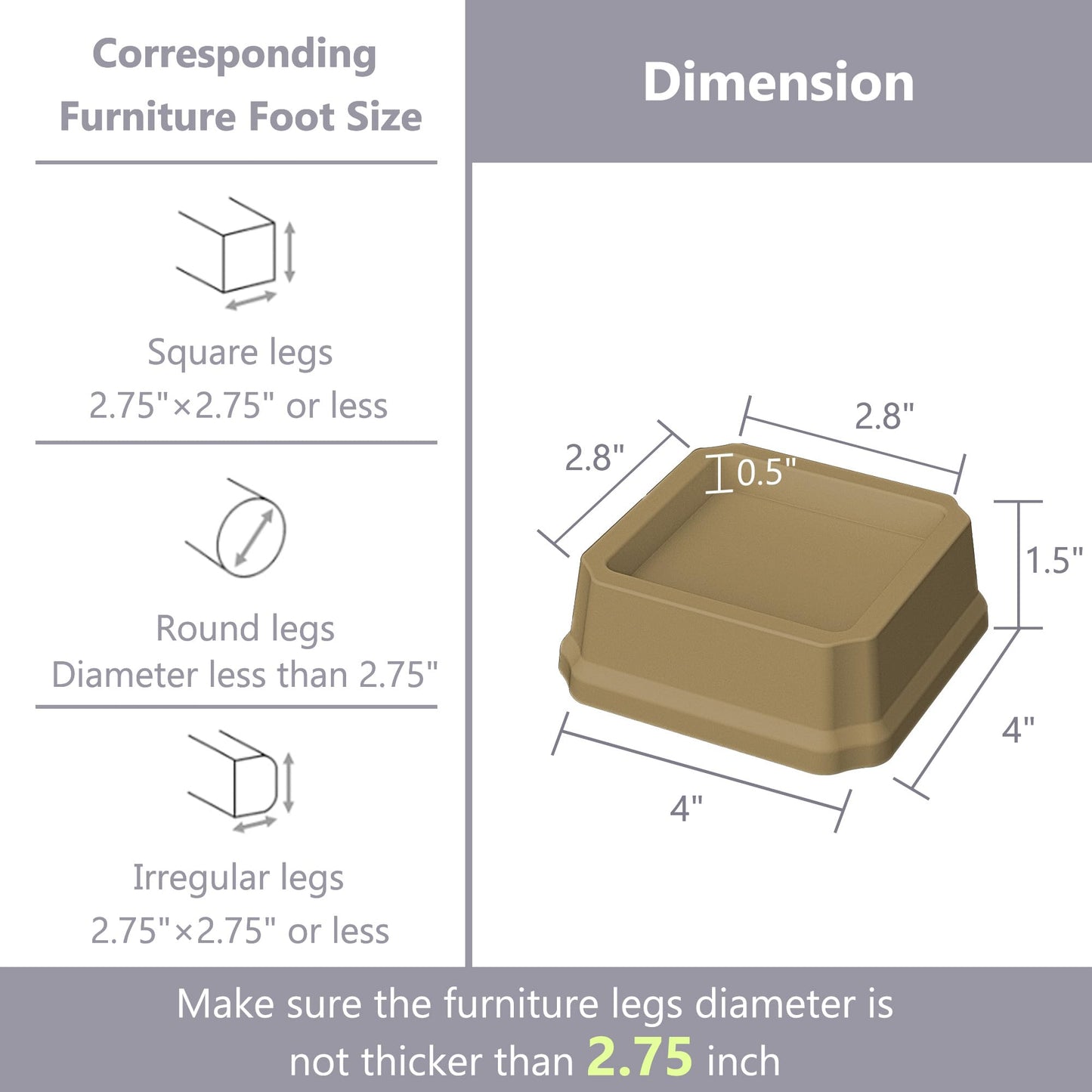 Napnapday Bed Risers 1 Inch Heavy Duty 4 Pack Bed Furniture Elevators, 1,500 lbs Lifts Up Riser for Sofa and Table, Brown