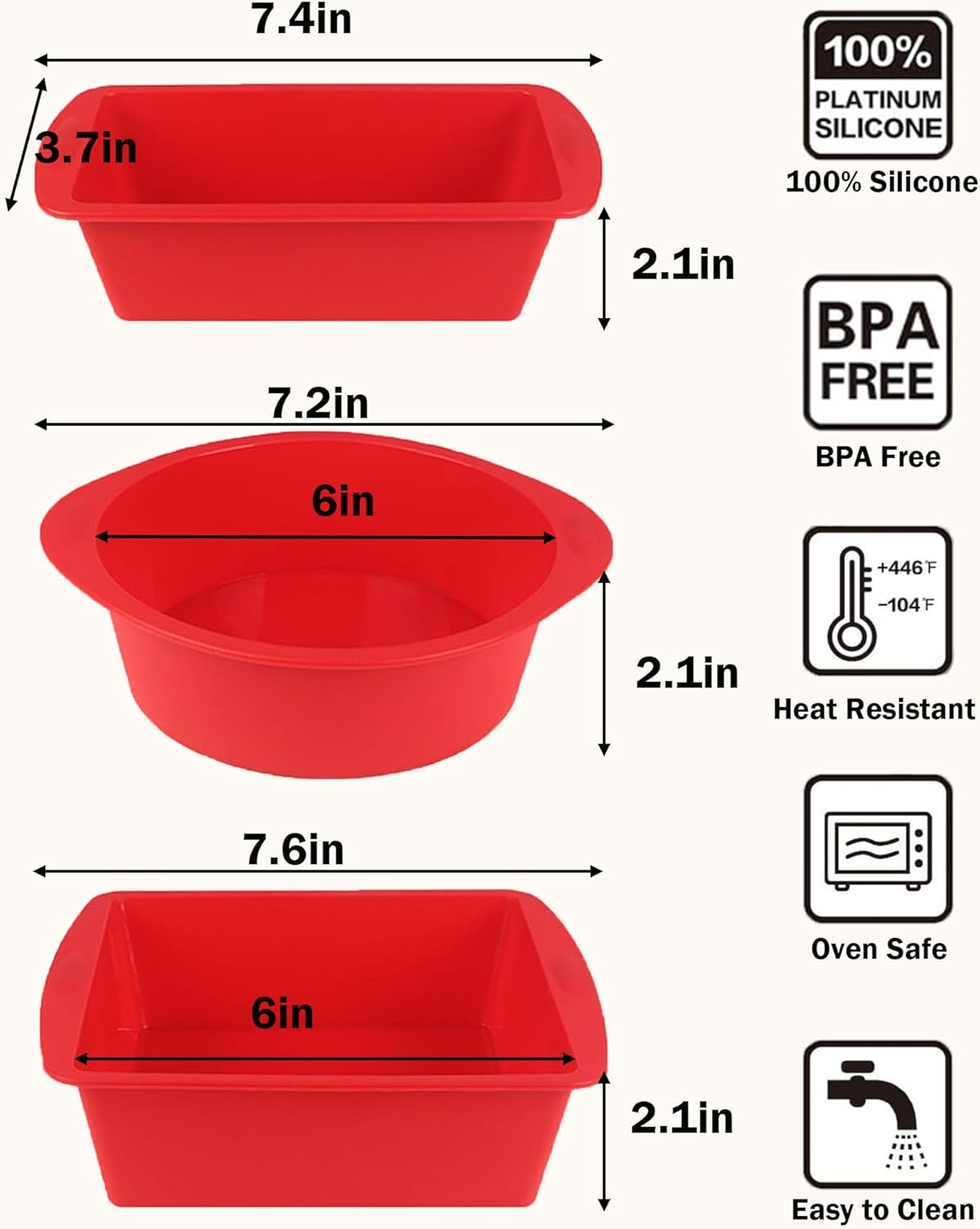 Silicone Baking Pans Set - Nonstick Bakeware with Loaf Pan & Square/Round Cake Pans | Oven & Dishwasher Safe