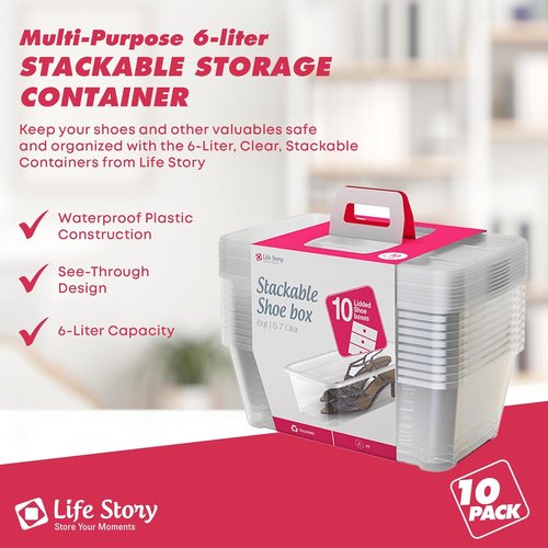 Life Story 10-Pack Plastic Storage Boxes - Stackable Shoe Organizers | 6 Liter Clear Bins with Lids for Home Organization