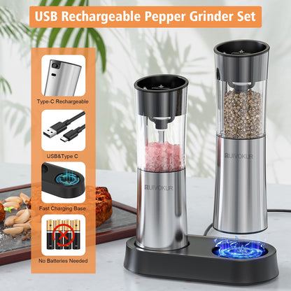RUIVOKUR Automatic Salt and Pepper Grinder Set, Electric Salt and Pepper Grinder Set Rechargeable with Charging Base, 2 Pack USB Electric Pepper Grinder with Adjustable Coarseness for Kitchen