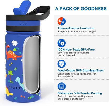 BUZIO Kids Insulated Water Bottle - 14oz Stainless Steel Flask with 2 Tritan Straw Lids | Blue Dinosaur Design