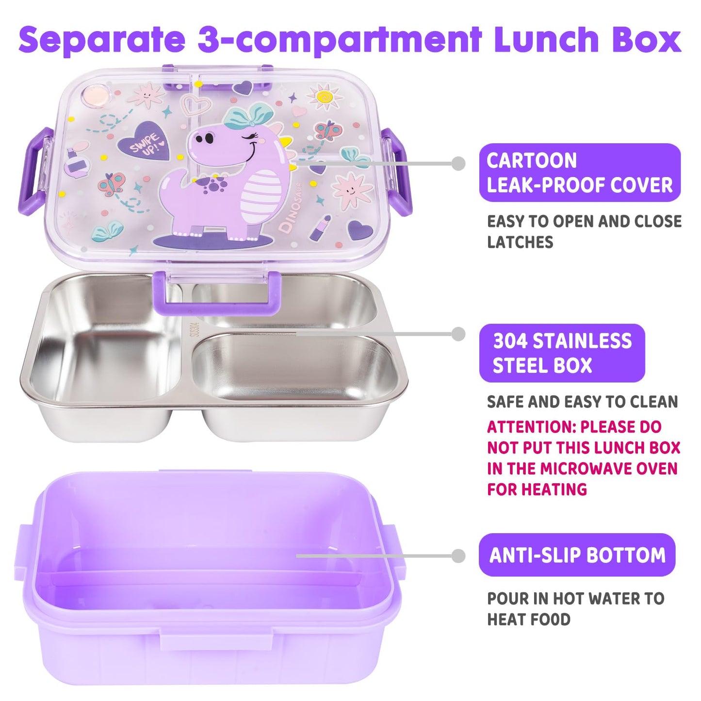 YOYTOO Stainless Steel Bento Lunch Box for Kids, 800ml/27oz BPA-Free Leak-Proof Children Food Containers with 3 Compartments, School Students Daycare Lunches/Snack Container