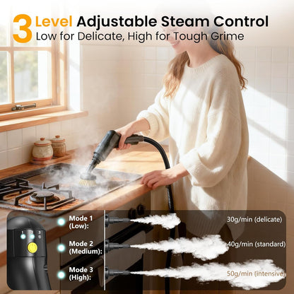 Skiennix Pressurized Steam Cleaner - 1.6L Handheld Steamer with 3-Level Adjustment & 2500W Power | 22-Piece Accessory Set for Home, Car & Multi-Surface Cleaning