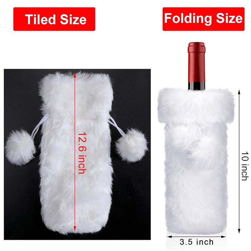 Boao 2-Piece White Faux Fur Wine Bottle Covers - Xmas Christmas Themed Bag, 32x9x9 cm