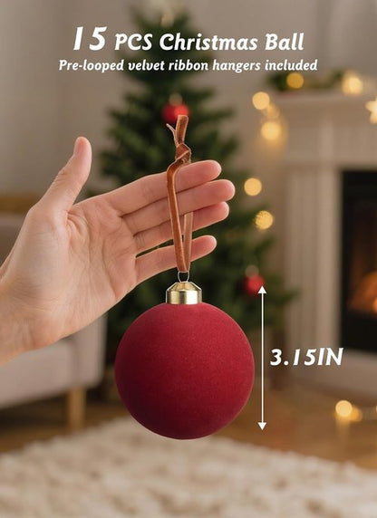 Brightown Red Velvet Christmas Ornaments - 15 Pcs 3.15 Inch Balls for Holiday Decor | Perfect for Weddings & Parties
