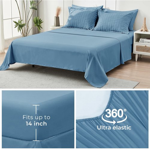 HYMOKEGE Mineral Blue Full Size Comforter Sets Seersucker 7 Pieces, All Season Luxury Bed in a Bag for Bedroom, Bedding Set with Comforter, Sheets, Pillowcases & Shams