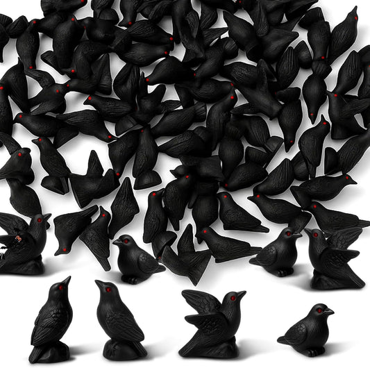 Yalikop Miniature Crow Figurines - 40 Pcs Black Resin Ravens for Dollhouse & Garden Decor