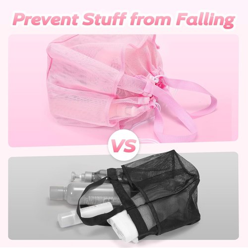 Famichan Mesh Shower Caddy - Portable Drawstring Bag for College Students | Large Pink Shower Organizer for Travel, Gym, Camping
