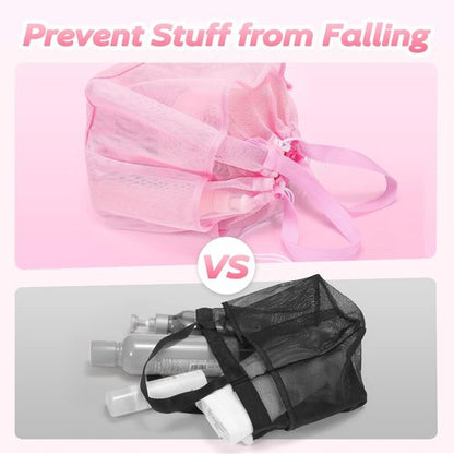 Famichan Mesh Shower Caddy - Portable Drawstring Bag for College Students | Large Pink Shower Organizer for Travel, Gym, Camping