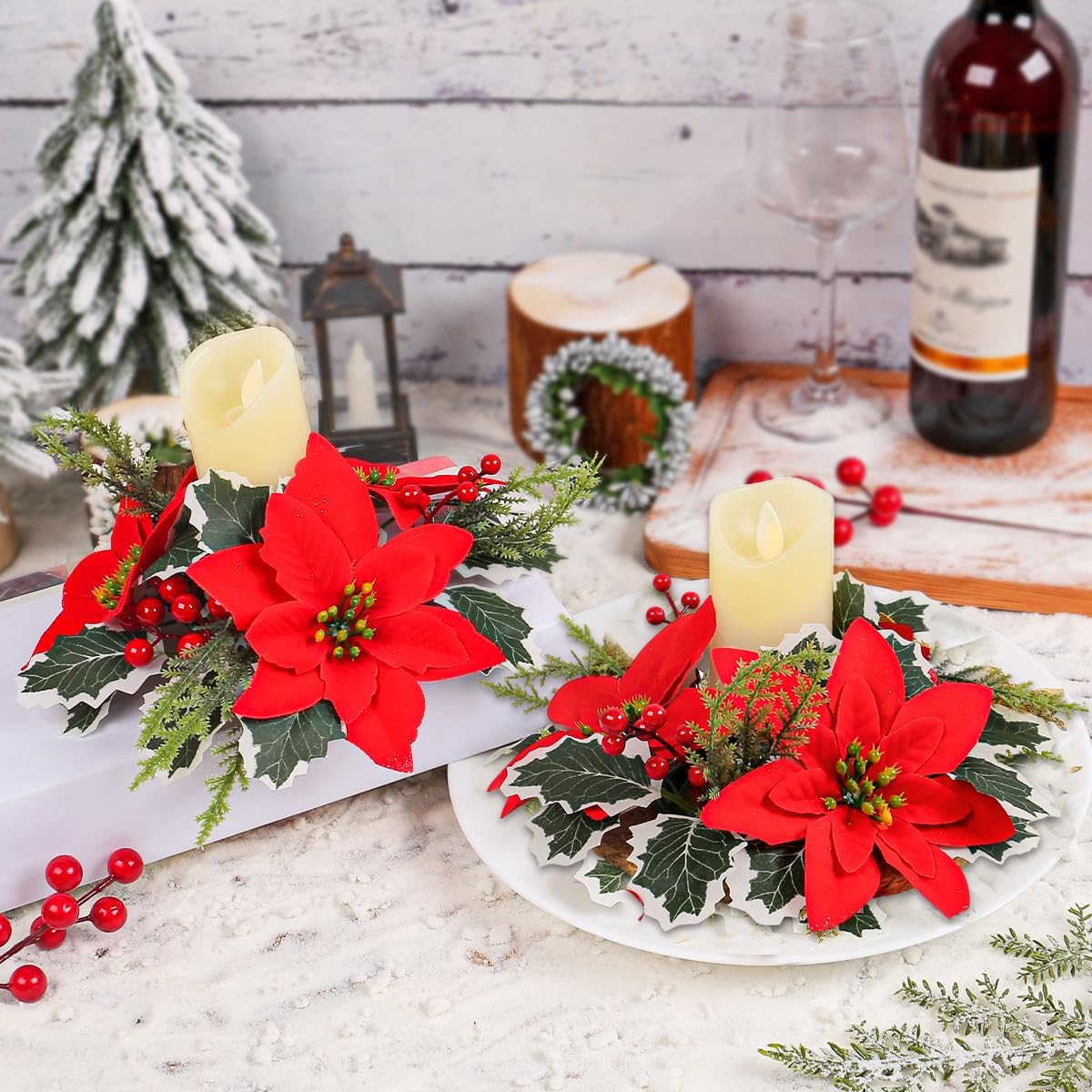 Regine Switzerland Christmas Candle Rings - Artificial Red Poinsettia & Pine Wreath Holders | Holiday Table Decor