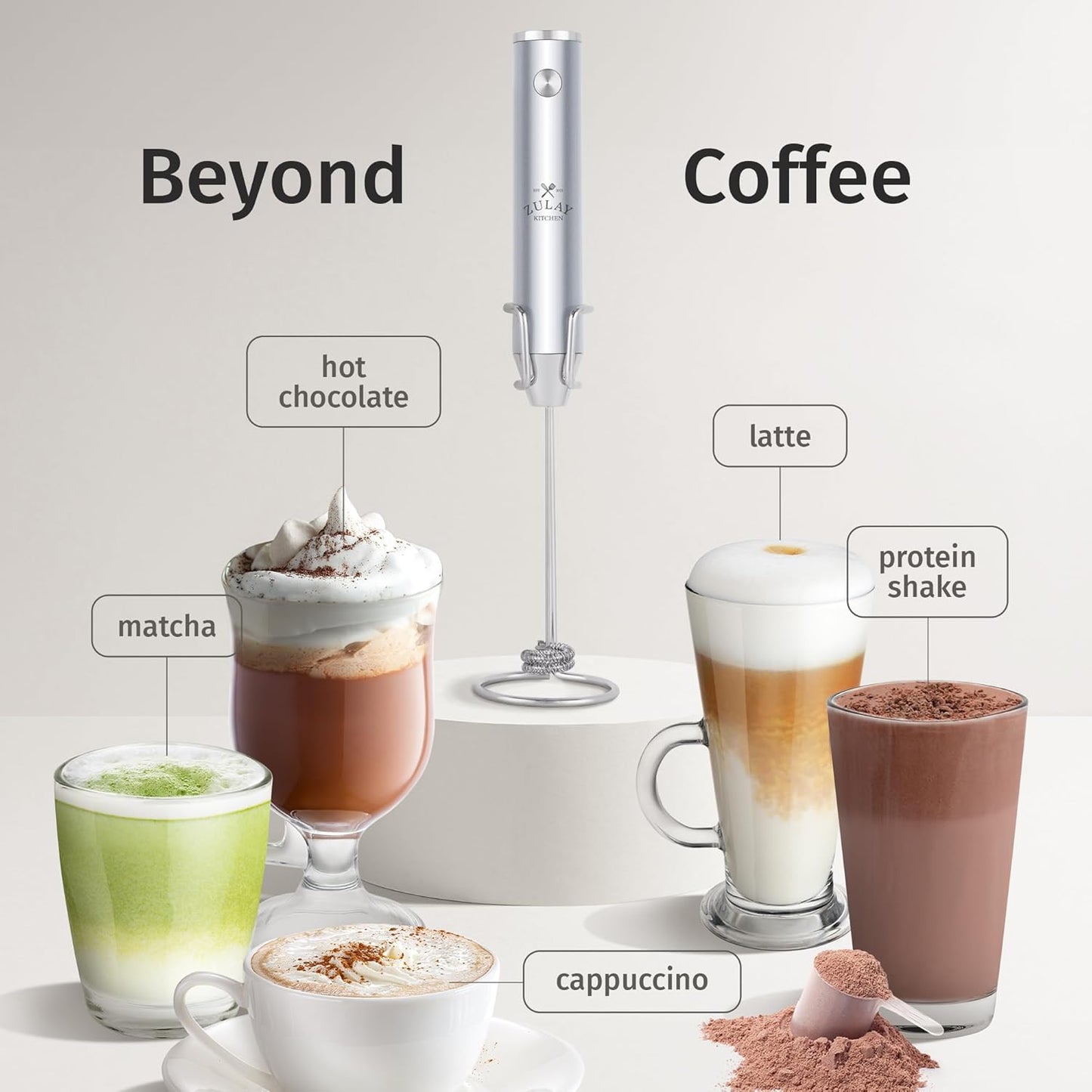 Zulay Kitchen Rechargeable Milk Frother - Powerful 2-Speed Motor, Waterproof, 2000mAh Battery | Pure Silver Drink Mixer for Lattes, Cappuccinos, Matcha & Protein Powder