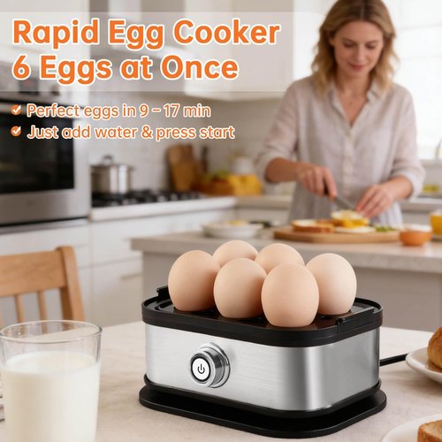 Aotto Electric Egg Cooker - 6-Egg Capacity for Soft, Medium, Hard-Boiled Eggs | Fast Boil & Auto Shut-Off