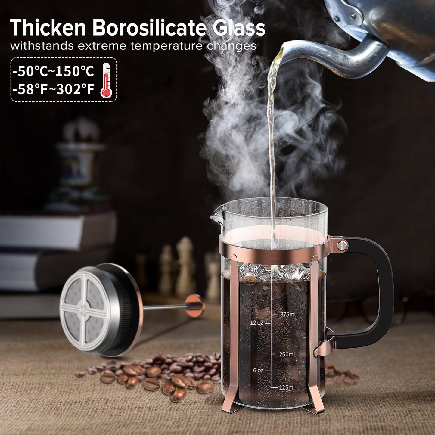 QUQIYSO Coffee Maker - 304 Stainless Steel French Press with 4 Filters | Heat Resistant, Easy to Clean, 21 oz Copper