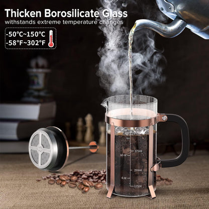 QUQIYSO Coffee Maker - 304 Stainless Steel French Press with 4 Filters | Heat Resistant, Easy to Clean, 21 oz Copper