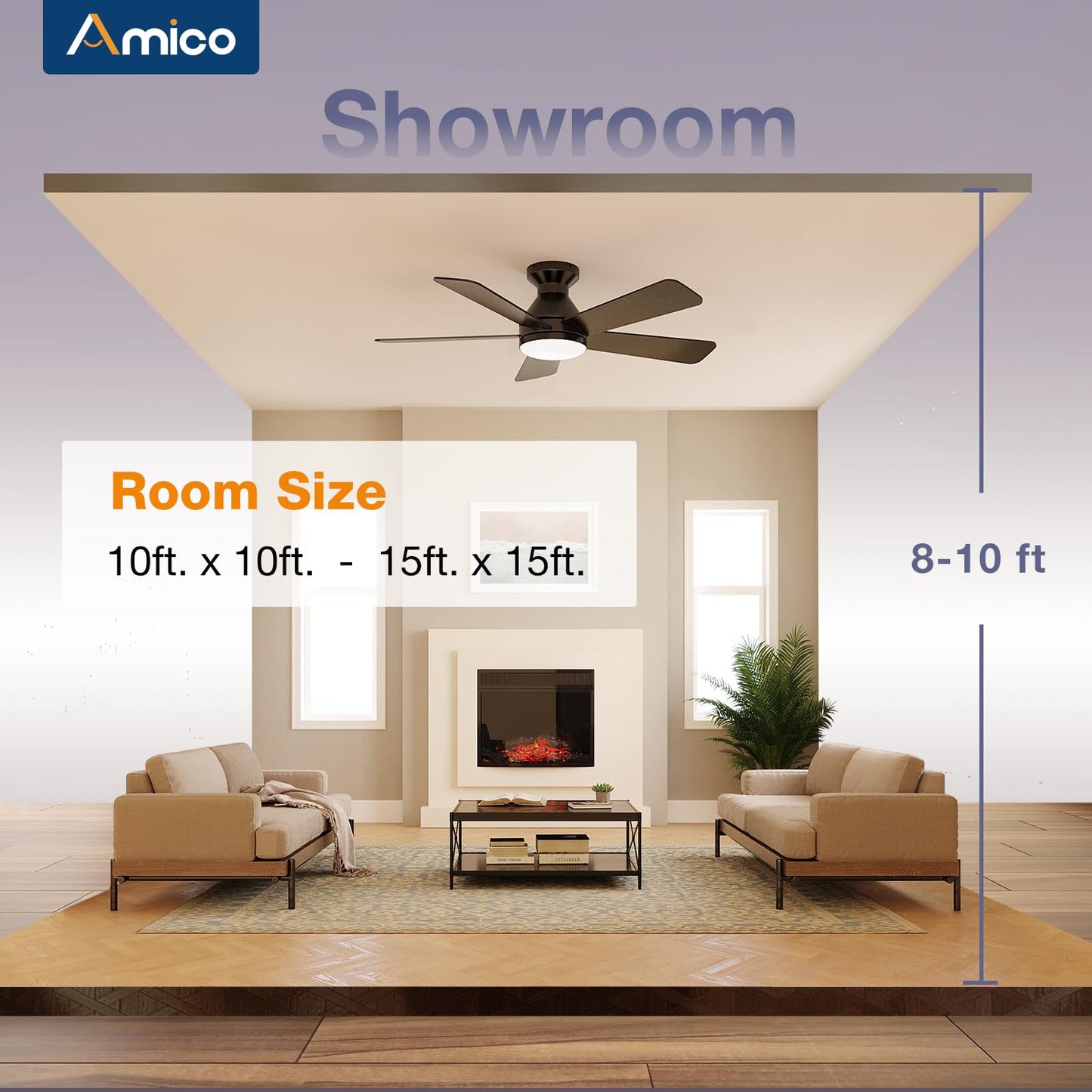 Amico Ceiling Fans with Lights, 42 Inch Low Profile Ceiling Fan with Light and Remote Control, Flush Mount, Reversible, 3CCT, Dimmable, Quiet, Black Small Ceiling Fan for Bedroom Outdoor/Indoor Use