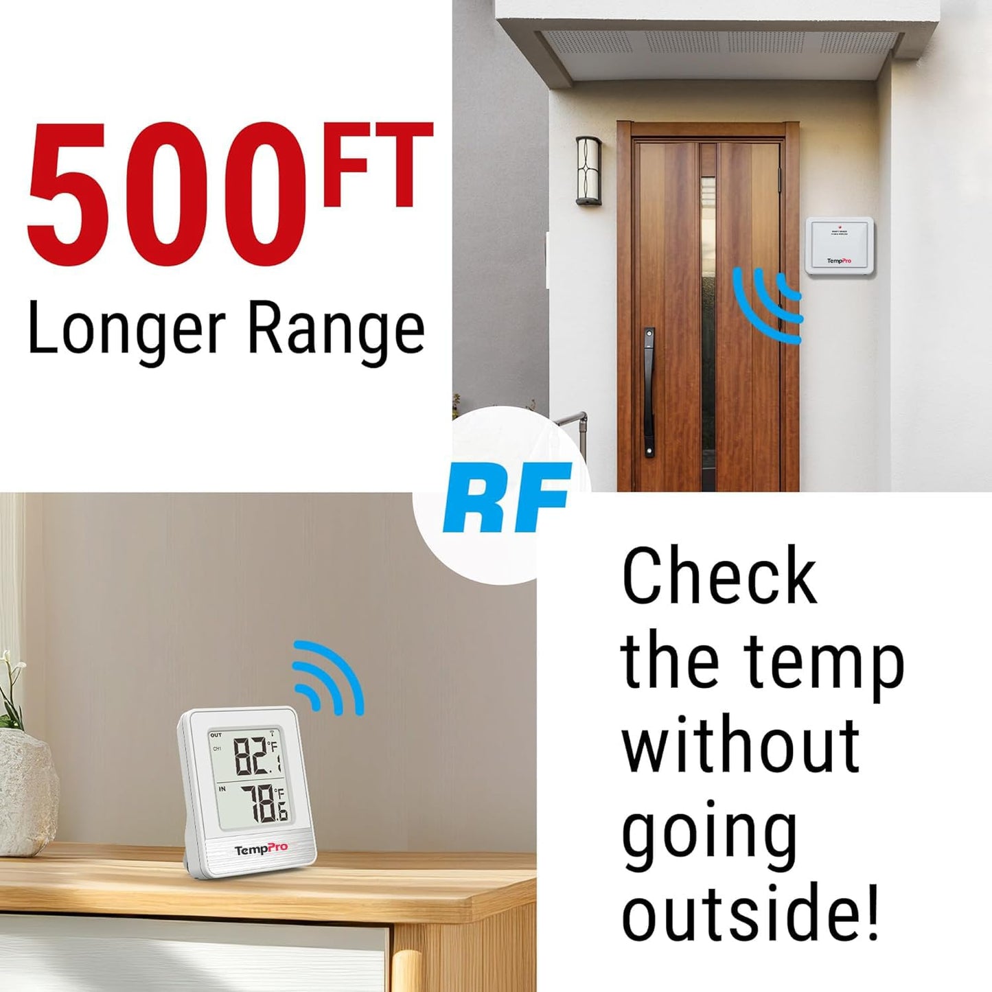 TempPro 500FT Indoor Outdoor Thermometer Wireless, Outdoor Thermometers for Patio with Temperature Sensor, Room Thermometer for House Home Reptile Baby Room Temperature Monitor (Previously ThermoPro)