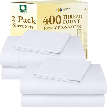 California Design Den Twin Cotton Sheets Set - 400 Thread Count Soft & Breathable Sateen | Bright White, 2-Pack