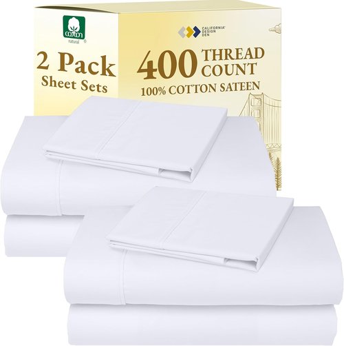 California Design Den Twin Cotton Sheets Set - 400 Thread Count Soft & Breathable Sateen | Bright White, 2-Pack