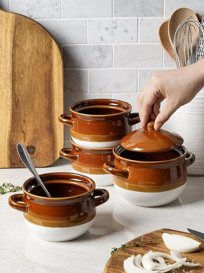 LE TAUCI French Onion Soup Bowls - 22 Oz Oven Safe Ceramic Crocks with Handles | Set of 4 for Soup & Chili