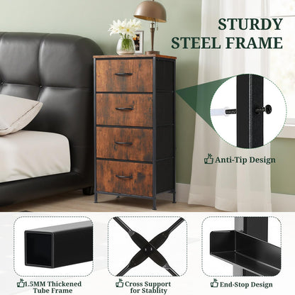 Nightstand, 4 Drawer Dresser End Table Bedside Furniture with Wooden Top Steel Frame Fabric Bins for Bedroom, Closet, Entryway, Dorm, Living Room, Brown