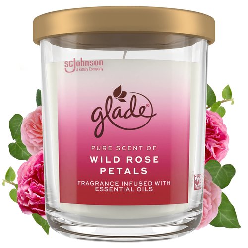 Glade Candle Jar, Large Candle Infused with Essential Oils, Air Freshener for Home Decor, Wild Rose Petals, 16oz