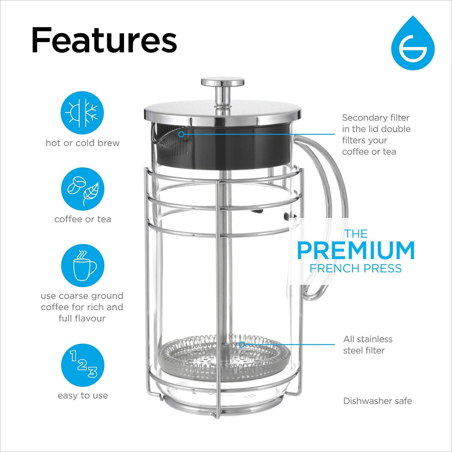 GROSCHE MADRID French Press - Premium Coffee and Tea Maker - 1.0L - 34oz - Borosilicate Glass Beaker - Dual Filter System For Rich Brew - Versatile Brewing | Stainless Steel Filter