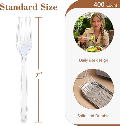Skiennix Heavy Duty Clear Plastic Forks - 400 Count, BPA-Free & Heat Resistant for Parties
