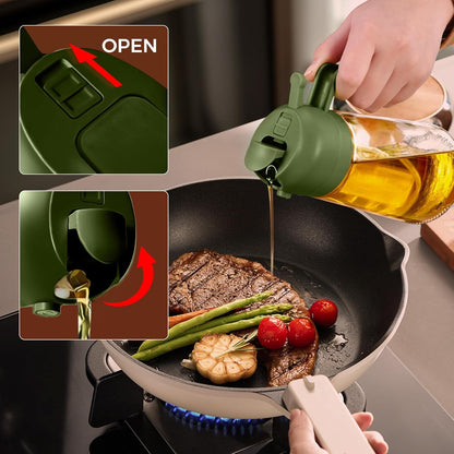 YARRAMATE Glass Olive Oil Sprayer - 2-in-1 Food Grade Premium Dispenser | 16oz Olive Green for Cooking & BBQ