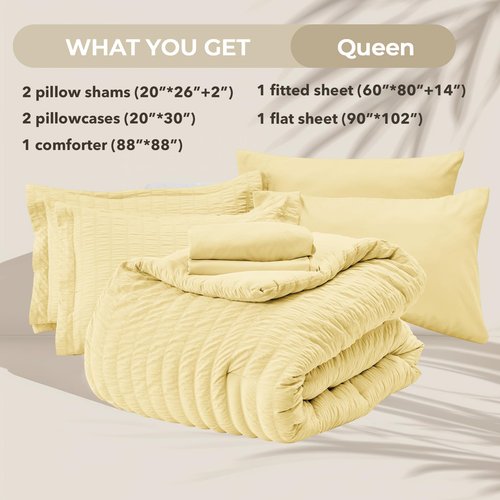 HYMOKEGE Yellow Queen Comforter Set Seersucker 7 Pieces, All Season Luxury Bed in a Bag Queen for Bedroom, Bedding Set with Comforter, Sheets, Pillowcases & Shams