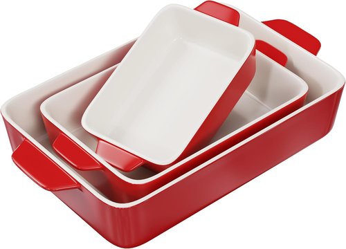 Kook Ceramic Bakeware Set - Rectangular Baking Dishes for Casseroles & Lasagna | 3-Piece Set in Cherry