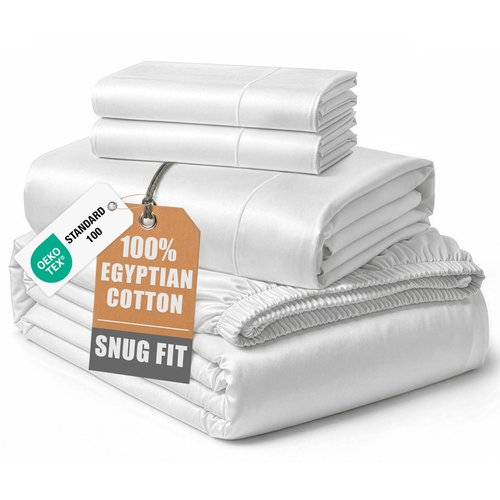 100% Egyptian Cotton Sheets Queen Size - Naturally Cooling & Breathable 4 Piece Silky Sateen Weave Queen Sheet Set, Ultra-Soft & Durable Hotel Luxury Sheets with 15" Snug Fit Deep Pockets - White