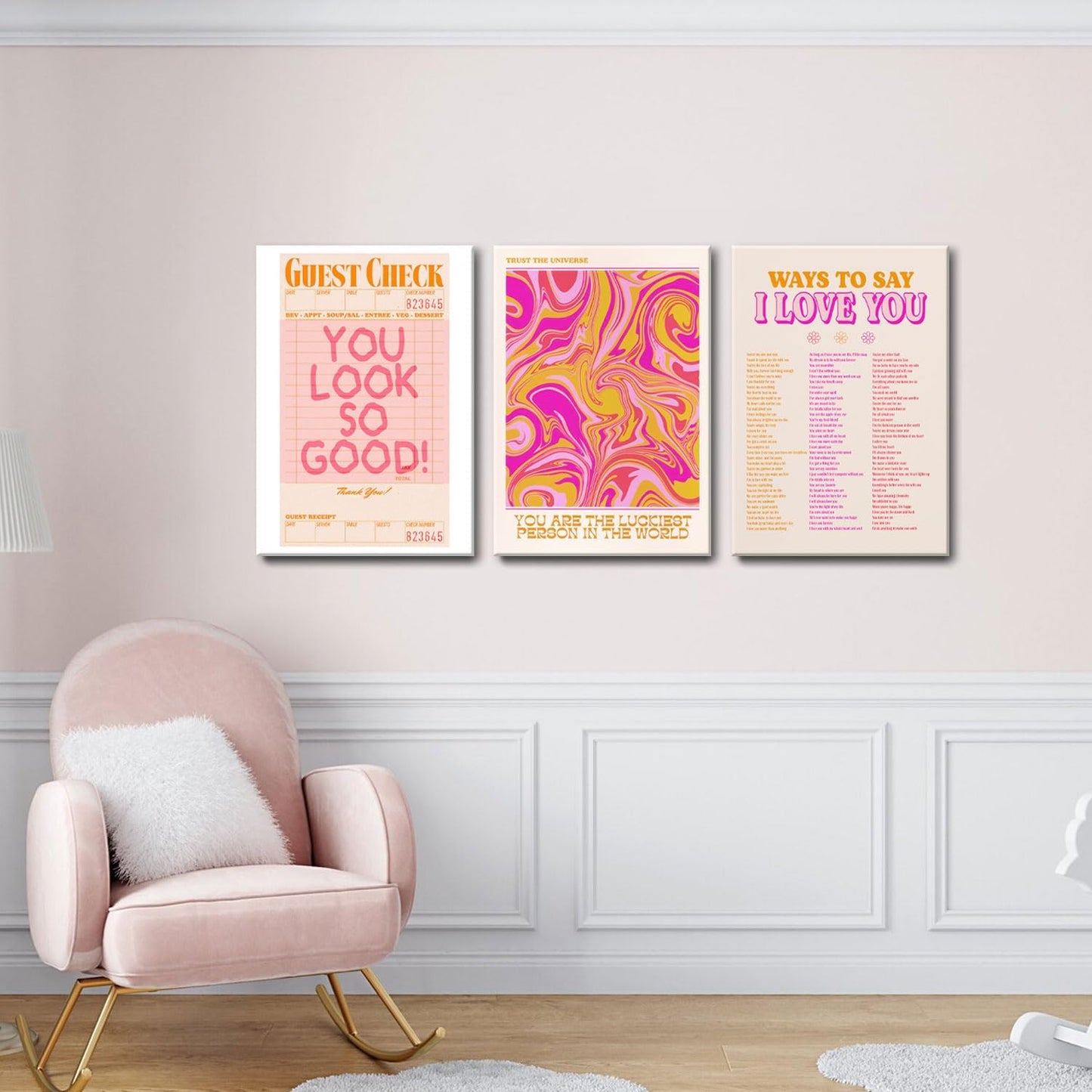 Pink Wall Decor - Abstract Canvas Art Set of 3 | Unique Love-Inspired Prints for Teen Girls | Framed 12x16''