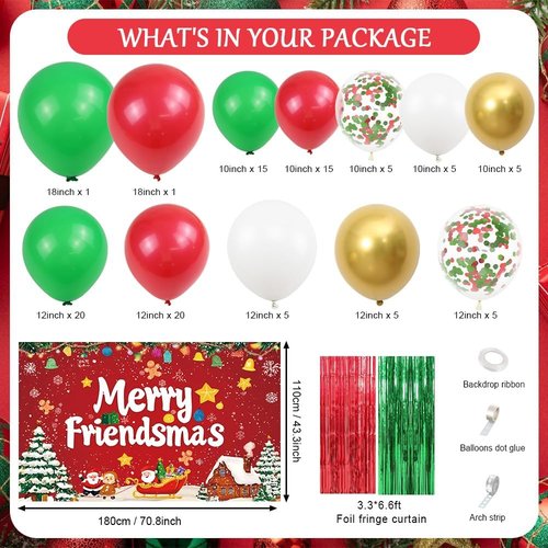 AIBIIN Christmas Balloon Arch Kit - 105pcs Friendsmas Party Decorations with Merry Banner & Foil Curtain