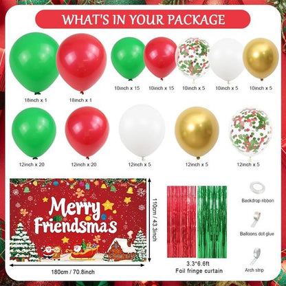 AIBIIN Christmas Balloon Arch Kit - 105pcs Friendsmas Party Decorations with Merry Banner & Foil Curtain