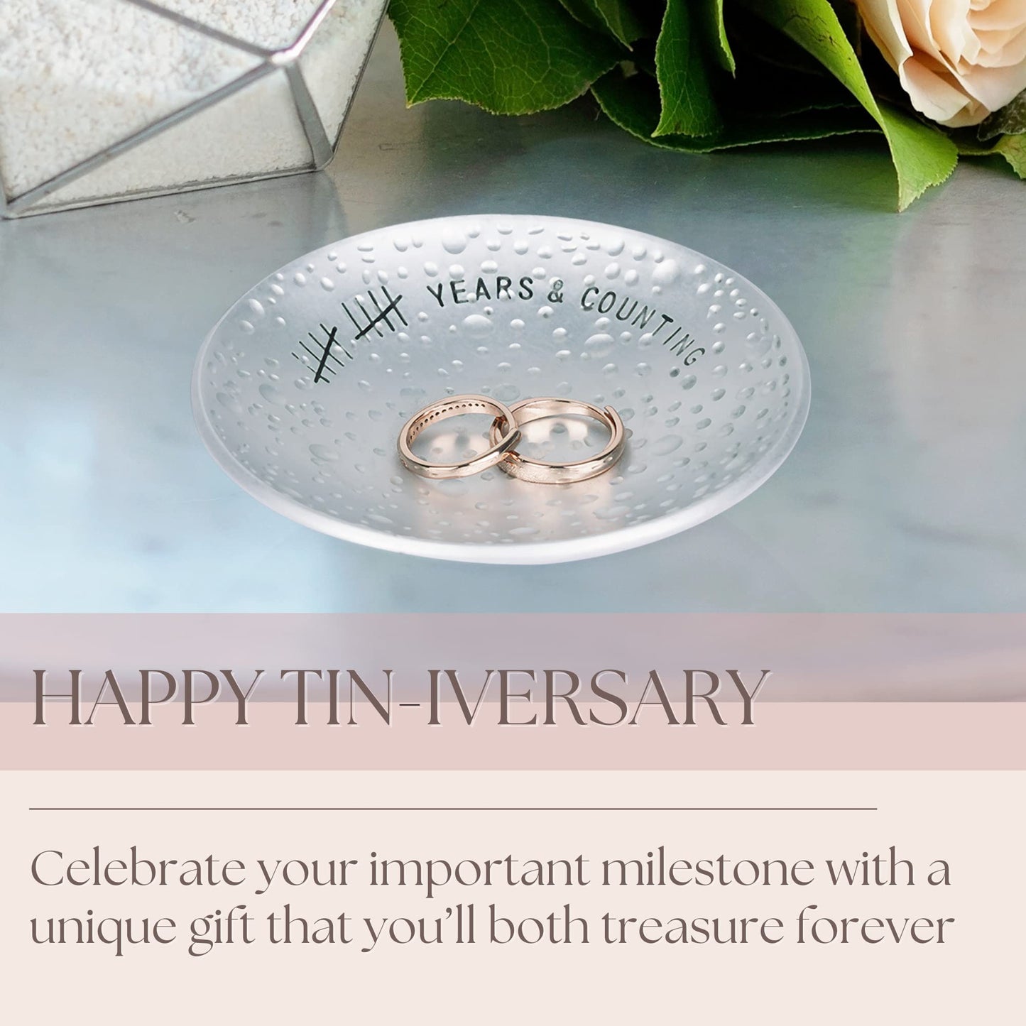 PureRejuva 10th Anniversary Tin Gifts - 4 In. Engraved Aluminum Wedding Ring Holder Dish & Gift Box - 10 Year Anniversary for Him & Her Textured Style