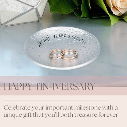PureRejuva 10th Anniversary Tin Gifts - 4 In. Engraved Aluminum Wedding Ring Holder Dish & Gift Box - 10 Year Anniversary for Him & Her Textured Style