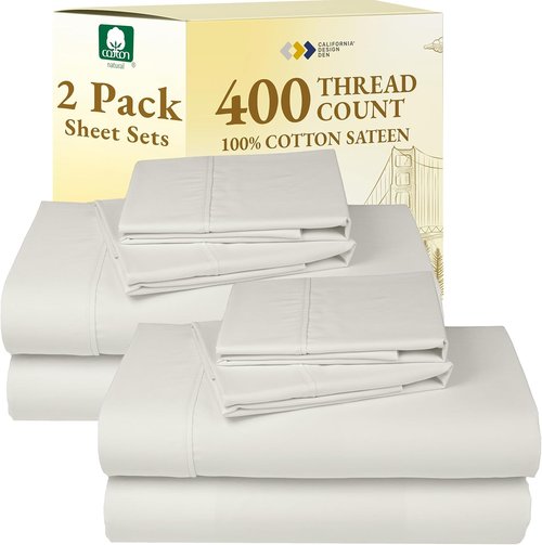 California Design Den King Size 2-Pack Cotton Sheet Sets - Soft, Breathable 400 Thread Count Sateen - Ivory
