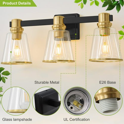 Deyidn Vanity Lights Black Gold Bathroom Light Fixtures Over Mirror, 3 Light Vanity Lighting Fixtures, Mid Century Modern Wall Sconce with Clear Glass Shades for Farmhouse Bedroom